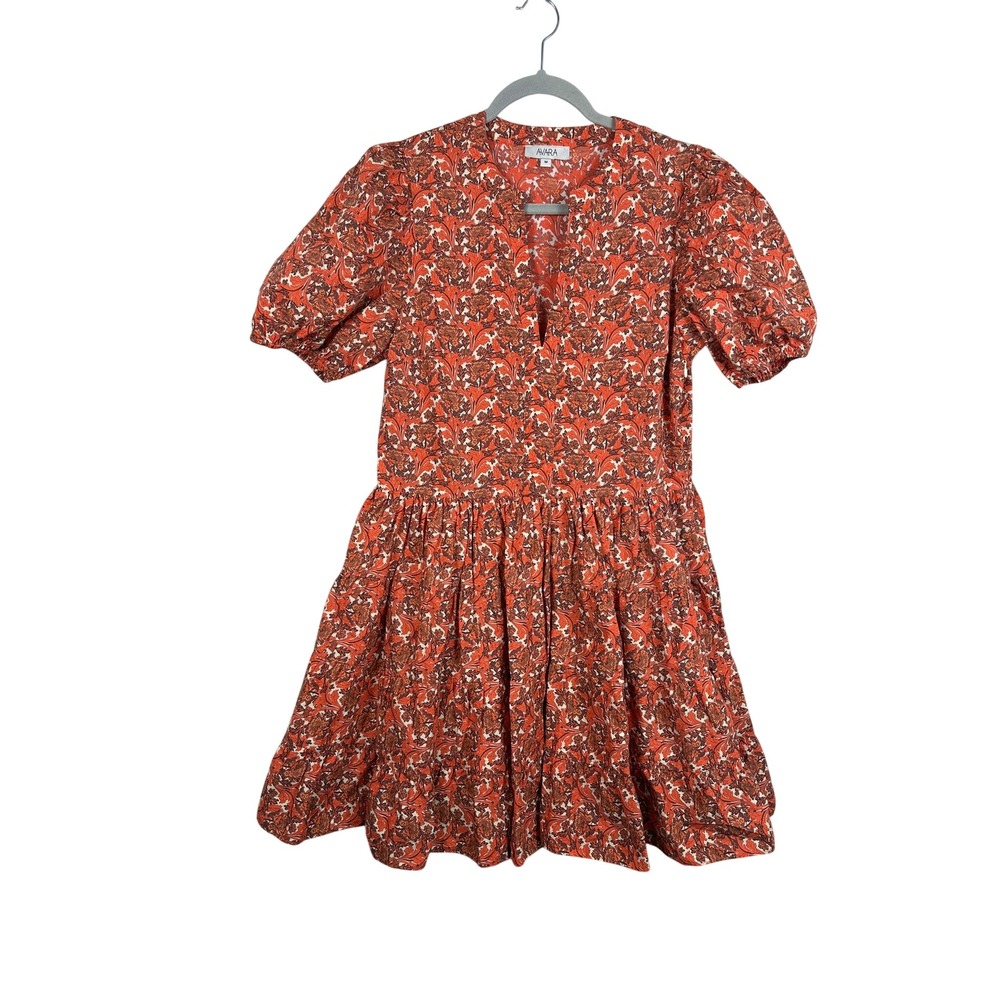 Avara Floral Mini Dress Women Medium Orange Excellent Puff Sleeve Tiered Boho